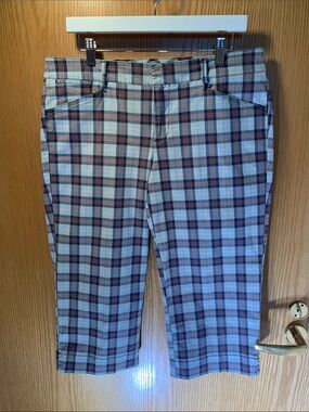 Dockers Golf Plaid Bermuda Shorts in Light Blue/Navy/Orange- Cotton Blend - Size
